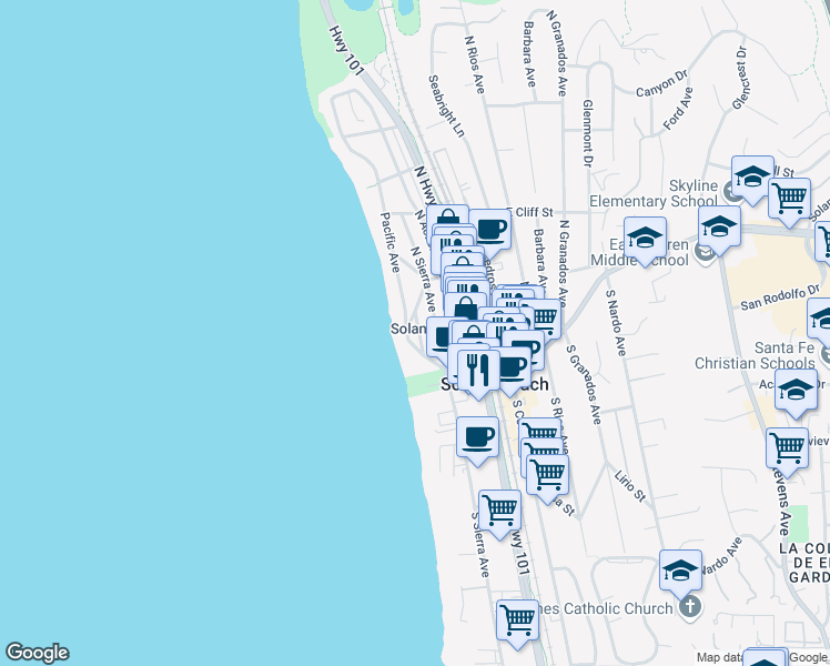 map of restaurants, bars, coffee shops, grocery stores, and more near 205 South Helix Avenue in Solana Beach