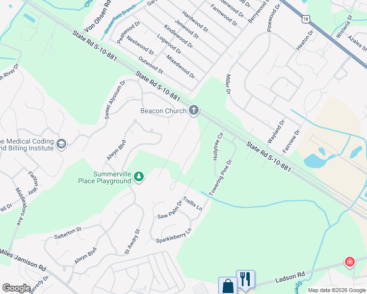 map of restaurants, bars, coffee shops, grocery stores, and more near 143 Barn Hill Road in Ladson