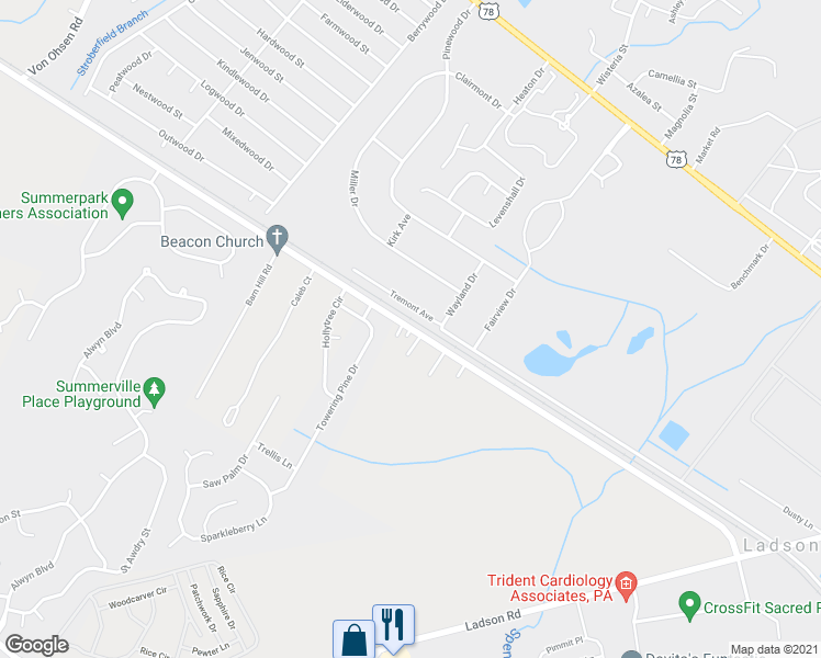 map of restaurants, bars, coffee shops, grocery stores, and more near 1320 Lincolnville Road in Ladson