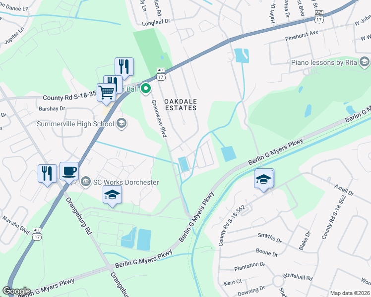 map of restaurants, bars, coffee shops, grocery stores, and more near 235 Forest Circle in Summerville