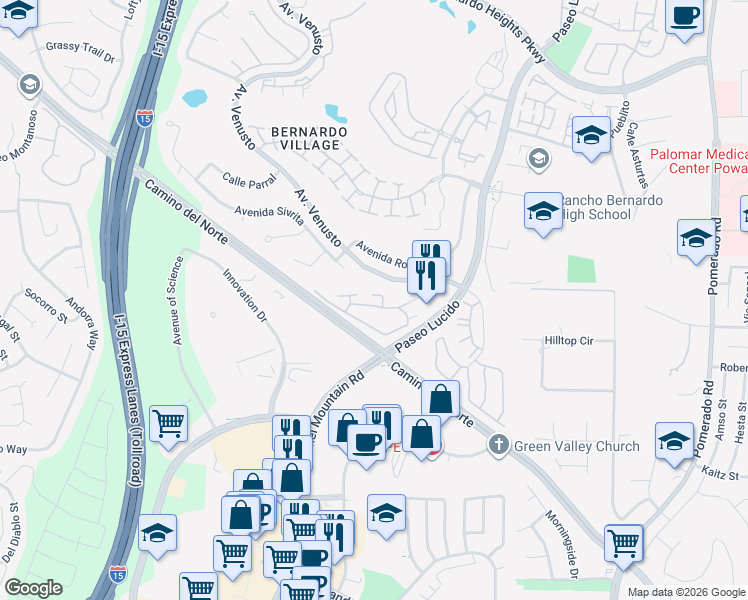 map of restaurants, bars, coffee shops, grocery stores, and more near 12047 Alta Carmel Court in San Diego