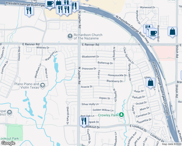 map of restaurants, bars, coffee shops, grocery stores, and more near 2304 Honeysuckle Drive in Richardson