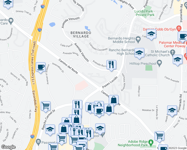 map of restaurants, bars, coffee shops, grocery stores, and more near 12035 Alta Carmel Court in San Diego