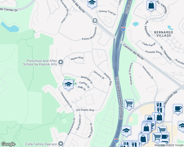 map of restaurants, bars, coffee shops, grocery stores, and more near 11135 Socorro Street in San Diego