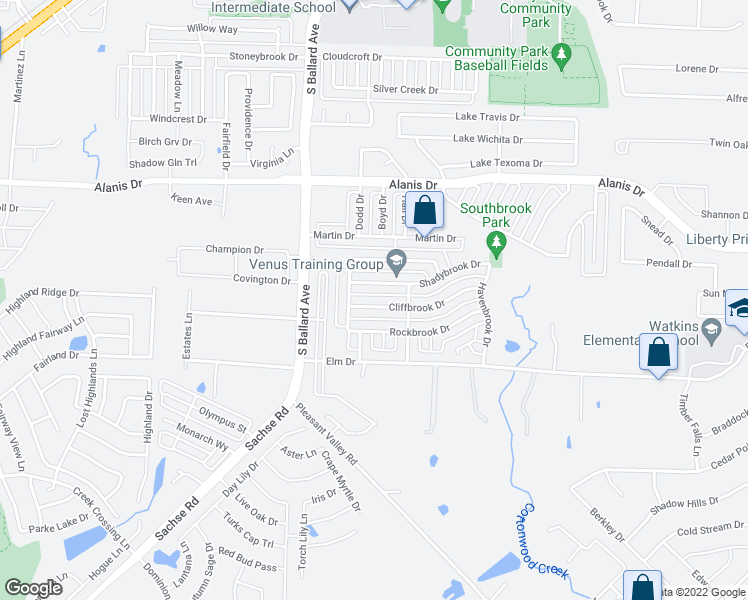 map of restaurants, bars, coffee shops, grocery stores, and more near 114 Cliffbrook Drive in Wylie