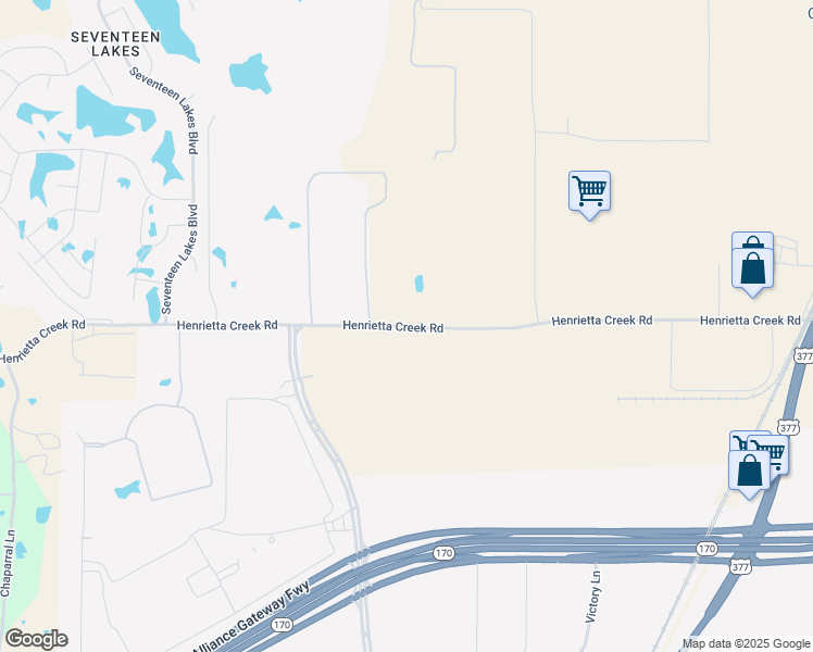 map of restaurants, bars, coffee shops, grocery stores, and more near Henrietta Creek Road in Denton County
