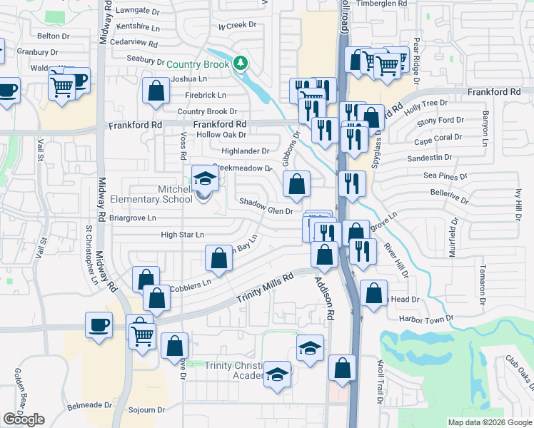 map of restaurants, bars, coffee shops, grocery stores, and more near 4401 Briargrove Lane in Dallas