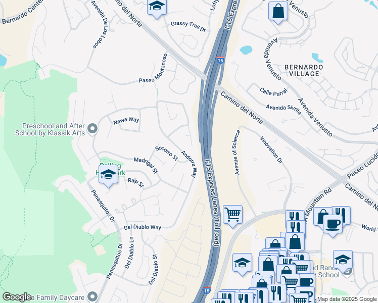 map of restaurants, bars, coffee shops, grocery stores, and more near 15322 Andorra Way in San Diego