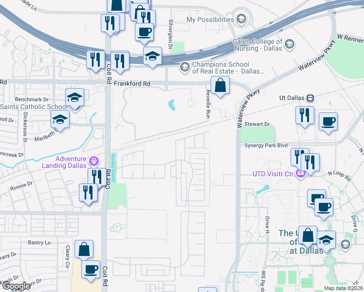 map of restaurants, bars, coffee shops, grocery stores, and more near 17735 Sage Lane in Dallas