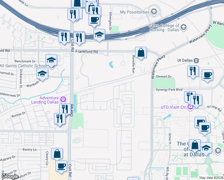 map of restaurants, bars, coffee shops, grocery stores, and more near 17735 Sage Lane in Dallas
