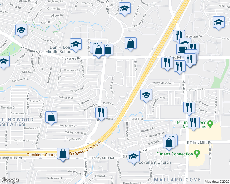 map of restaurants, bars, coffee shops, grocery stores, and more near 2873 Harbinger Lane in Dallas