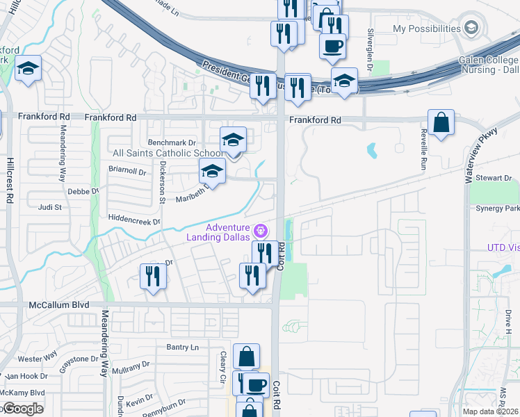 map of restaurants, bars, coffee shops, grocery stores, and more near 17817 Coit Road in Dallas