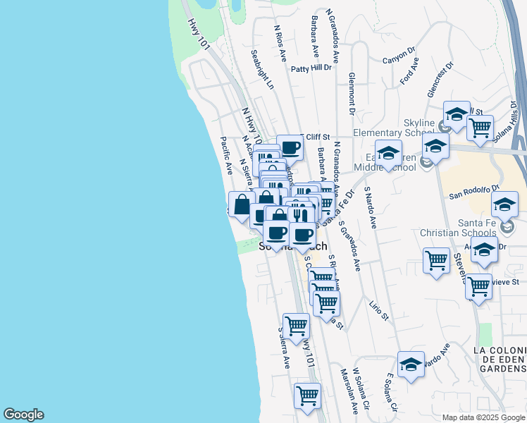 map of restaurants, bars, coffee shops, grocery stores, and more near 141 North Acacia Avenue in Solana Beach