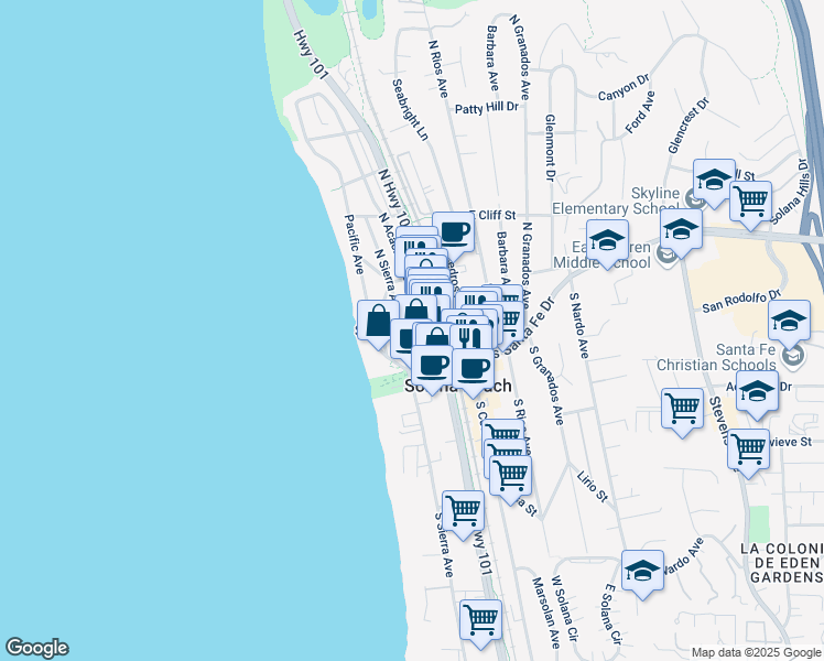 map of restaurants, bars, coffee shops, grocery stores, and more near 141 North Acacia Avenue in Solana Beach