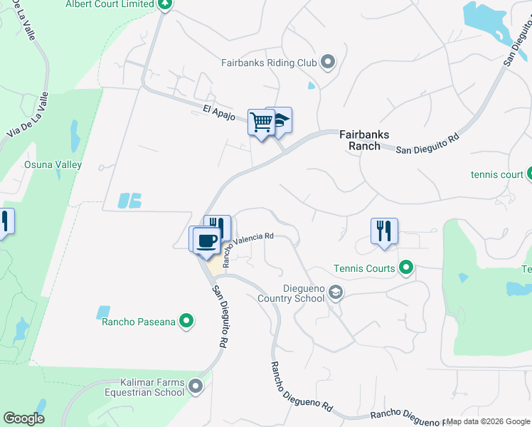 map of restaurants, bars, coffee shops, grocery stores, and more near 15533 Churchill Downs in Rancho Santa Fe
