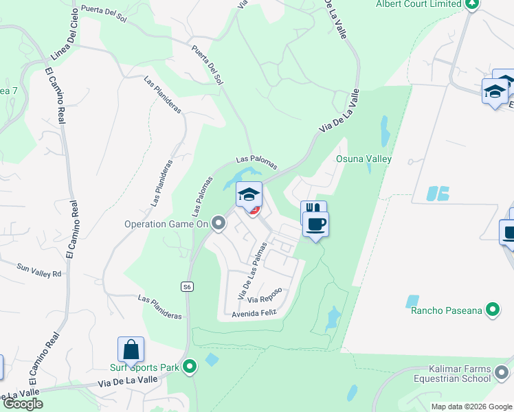 map of restaurants, bars, coffee shops, grocery stores, and more near 5531 Cancha de Golf in Rancho Santa Fe