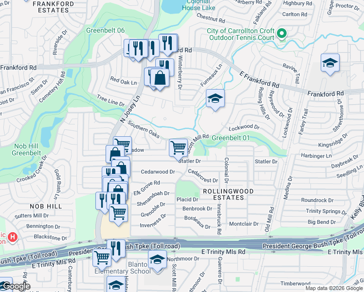 map of restaurants, bars, coffee shops, grocery stores, and more near 2038 Wildrose in Carrollton