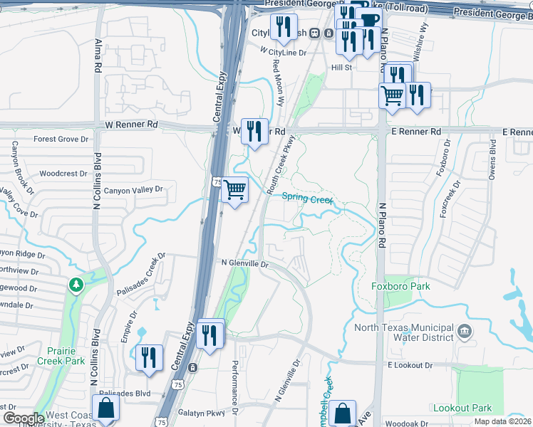 map of restaurants, bars, coffee shops, grocery stores, and more near 2710 Routh Creek Parkway in Richardson