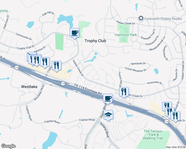 map of restaurants, bars, coffee shops, grocery stores, and more near 8 Lake Forest Drive in Trophy Club
