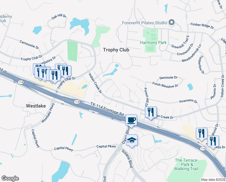 map of restaurants, bars, coffee shops, grocery stores, and more near 6 Cypress Court in Trophy Club