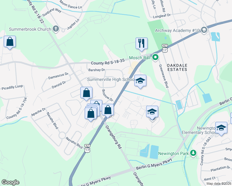 map of restaurants, bars, coffee shops, grocery stores, and more near in Summerville