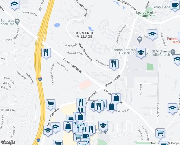 map of restaurants, bars, coffee shops, grocery stores, and more near 12015 Alta Carmel Court in San Diego