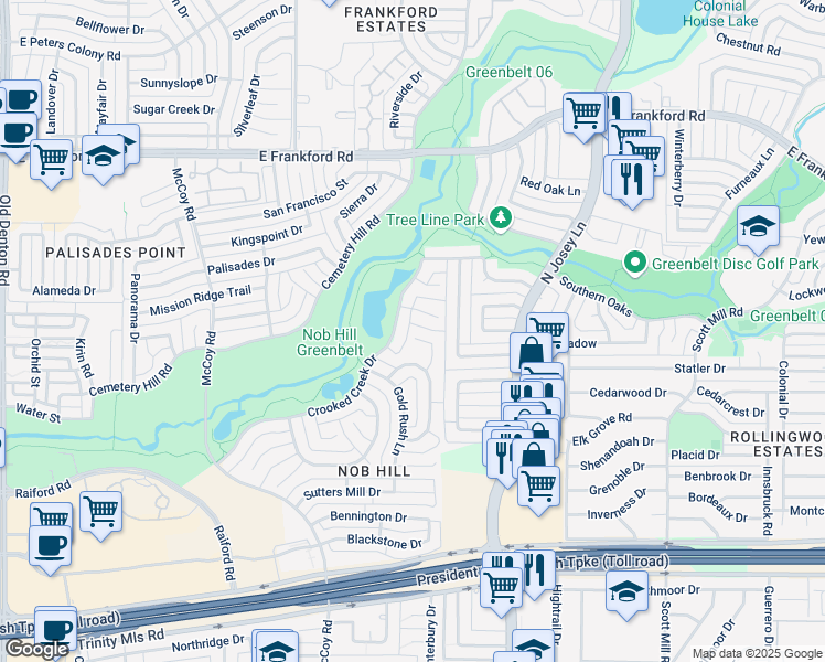 map of restaurants, bars, coffee shops, grocery stores, and more near 2820 Sausalito Drive in Carrollton