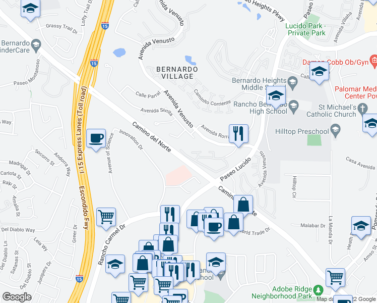 map of restaurants, bars, coffee shops, grocery stores, and more near 12007 Alta Carmel Court in San Diego