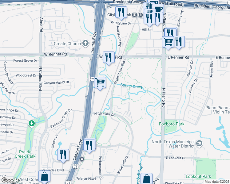 map of restaurants, bars, coffee shops, grocery stores, and more near 2710 Routh Creek Parkway in Richardson