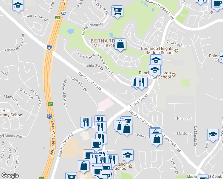map of restaurants, bars, coffee shops, grocery stores, and more near 12007 Alta Carmel Court in San Diego