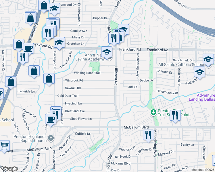 map of restaurants, bars, coffee shops, grocery stores, and more near 17817 Hillcrest Road in Dallas