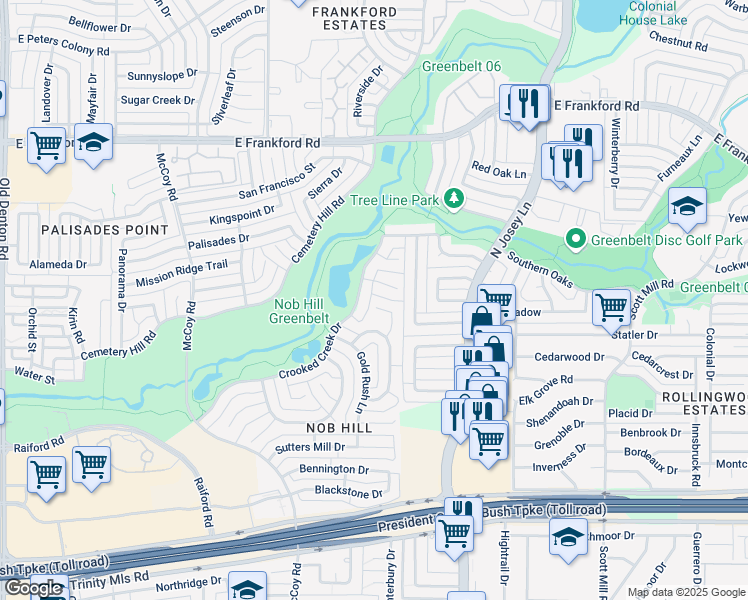map of restaurants, bars, coffee shops, grocery stores, and more near 2820 Sausalito Drive in Carrollton