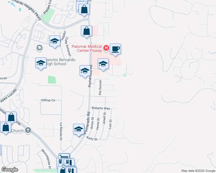 map of restaurants, bars, coffee shops, grocery stores, and more near 12735 Via Sombras in Poway