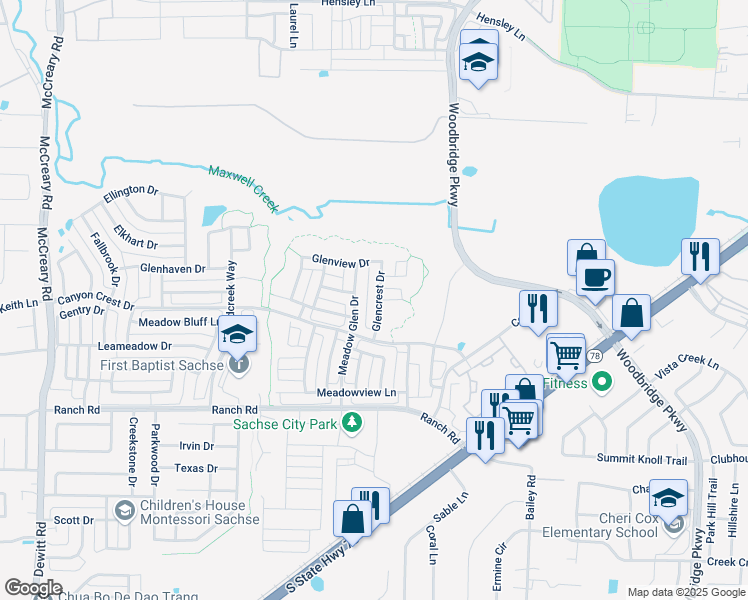map of restaurants, bars, coffee shops, grocery stores, and more near 7729 Glencrest Drive in Sachse