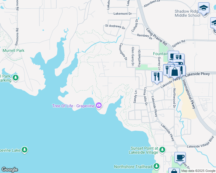 map of restaurants, bars, coffee shops, grocery stores, and more near 605 Shorecrest Drive in Flower Mound