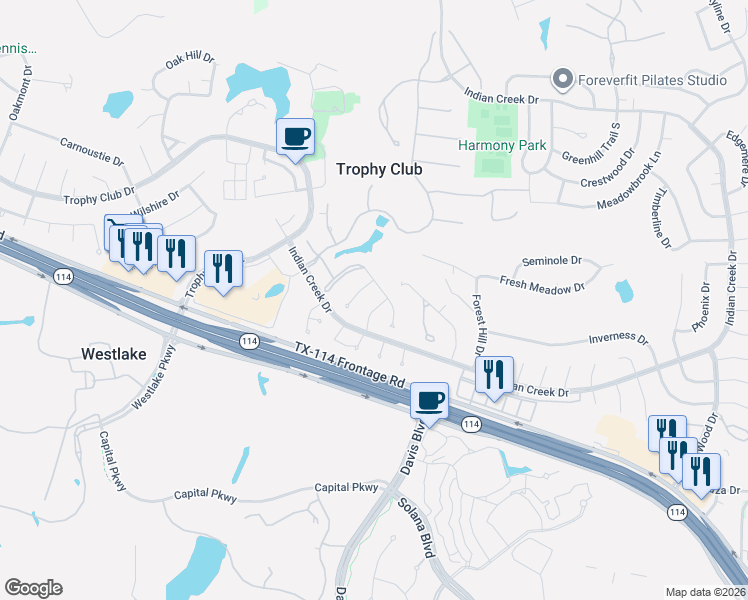 map of restaurants, bars, coffee shops, grocery stores, and more near 10 Lake Forest Drive in Trophy Club