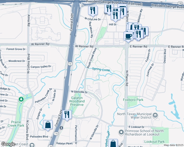map of restaurants, bars, coffee shops, grocery stores, and more near 2810 Routh Creek Parkway in Richardson