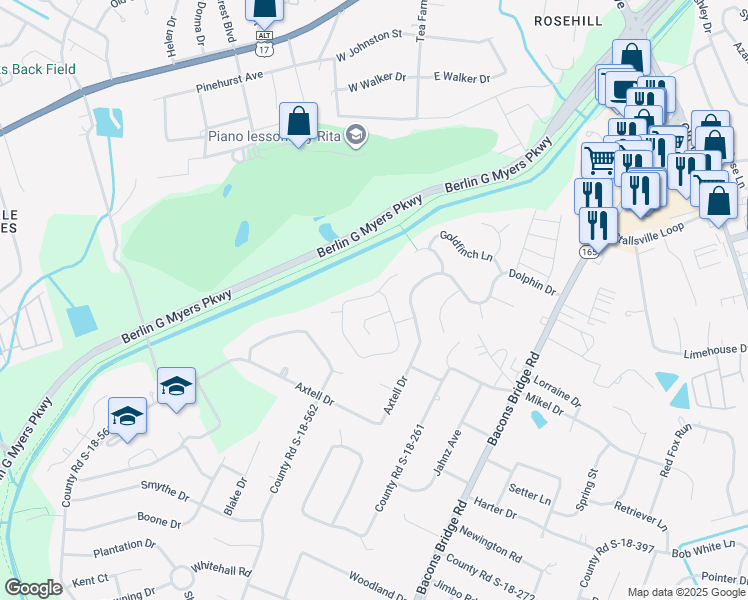 map of restaurants, bars, coffee shops, grocery stores, and more near 203 Amberjack Way in Summerville