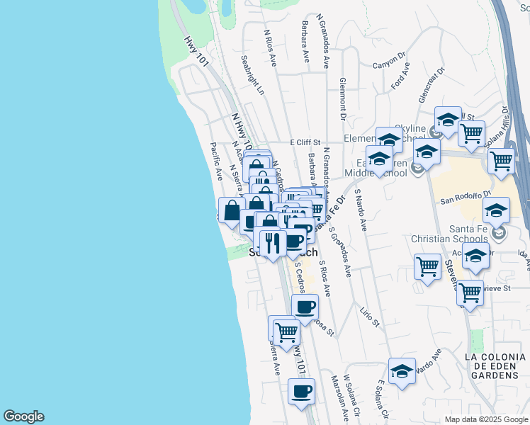 map of restaurants, bars, coffee shops, grocery stores, and more near 128 North Sierra Avenue in Solana Beach