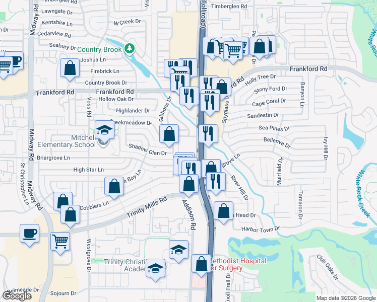 map of restaurants, bars, coffee shops, grocery stores, and more near 17855 Dallas Parkway in Dallas
