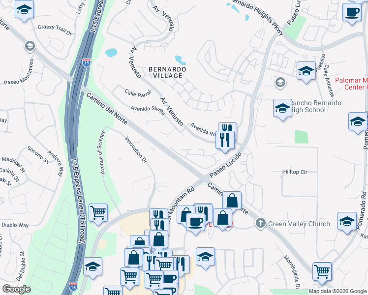 map of restaurants, bars, coffee shops, grocery stores, and more near 12039 Alta Carmel Court in San Diego
