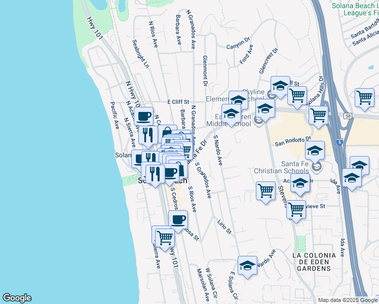 map of restaurants, bars, coffee shops, grocery stores, and more near 201 Lomas Santa Fe Drive in Solana Beach