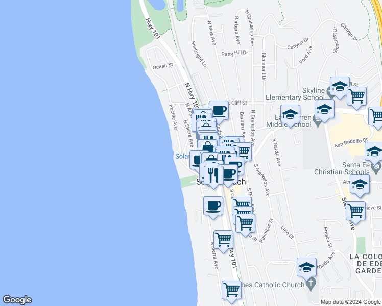 map of restaurants, bars, coffee shops, grocery stores, and more near 128 North Sierra Avenue in Solana Beach