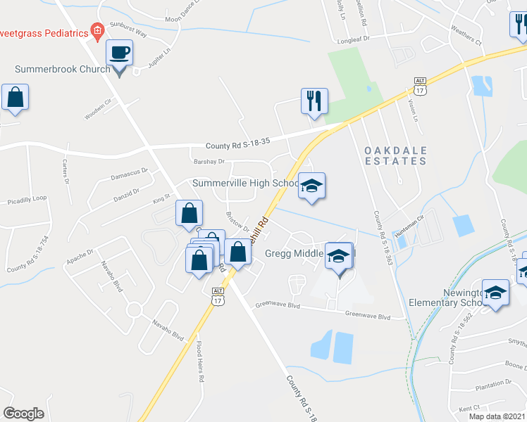 map of restaurants, bars, coffee shops, grocery stores, and more near in Summerville