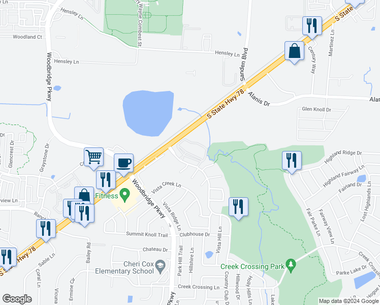map of restaurants, bars, coffee shops, grocery stores, and more near 6219 Vista Creek Lane in Sachse