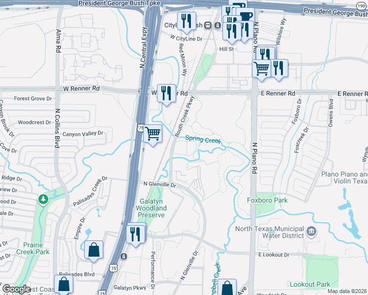 map of restaurants, bars, coffee shops, grocery stores, and more near 2810 Routh Creek Parkway in Richardson