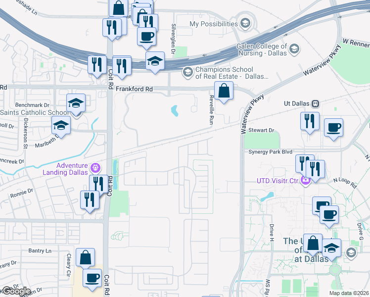 map of restaurants, bars, coffee shops, grocery stores, and more near 17735 Sage Lane in Dallas