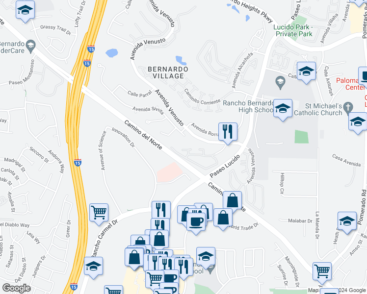 map of restaurants, bars, coffee shops, grocery stores, and more near 12023 Alta Carmel Court in San Diego