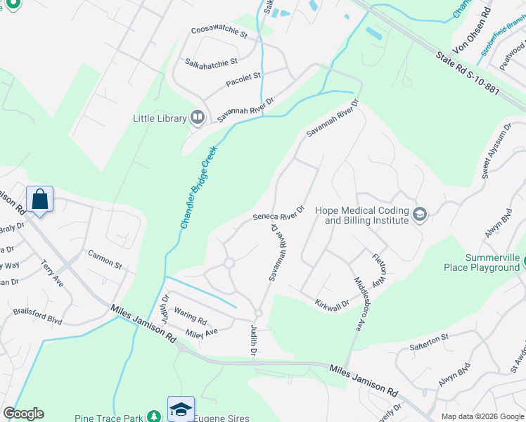 map of restaurants, bars, coffee shops, grocery stores, and more near 203 Seneca River Drive in Summerville