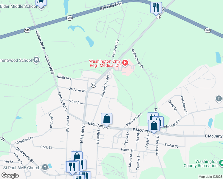 map of restaurants, bars, coffee shops, grocery stores, and more near 207 Winchester Way in Sandersville